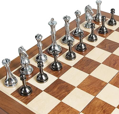 Miniatura 9 de Juego de ajedrez de metal para adultos y niños, tablero de ajedrez plegable de madera de 12 pulgadas y piezas de metal, juego de ajedrez portátil de