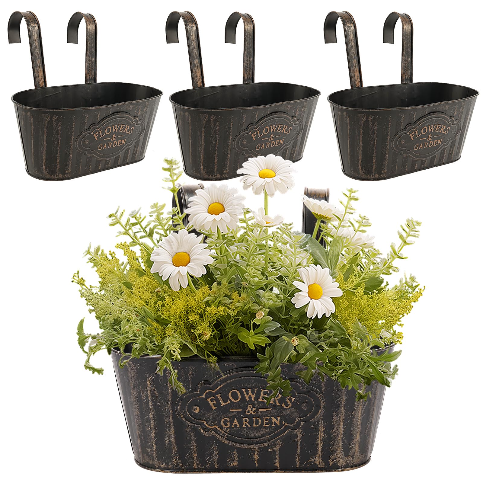 NIHUIFDPY 4pcs Hanging Flower Pots, Metal Iron Wall Planter Indoor/Outdoor with Detachable Hook, Fence Flower Pots Garden Hanging Planter Bucket Flowers Holder for Railing Fence Balcony