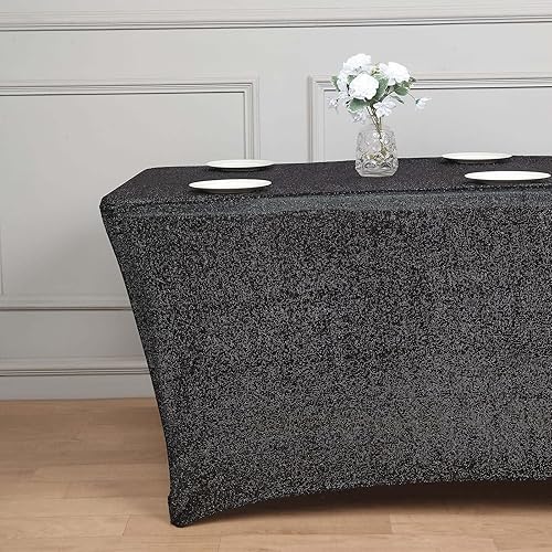 Miniatura 2 de Efavormart - Mantel rectangular ajustable de elastano de 6 pies, color negro metálico con purpurina
