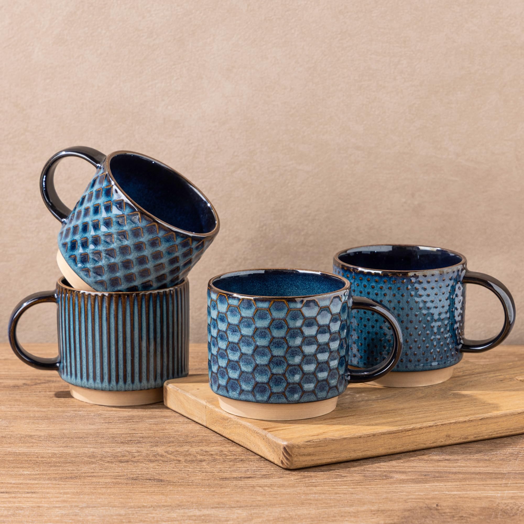 GBhome Set of 4 Stackable Ceramic Coffee Mugs 350ml - Textured Modern Cups for Tea/Latte/Cappuccino, Dishwasher & Microwave Safe, Gift for Men/Women — image 1
