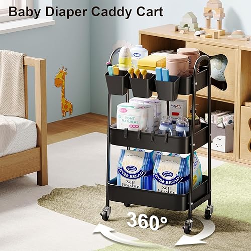 Miniatura 4 de Carrito de metal de 3 niveles con ruedas bloqueables, organizador de almacenamiento de tres niveles negro con ruedas para baño, cocina, lavandería,