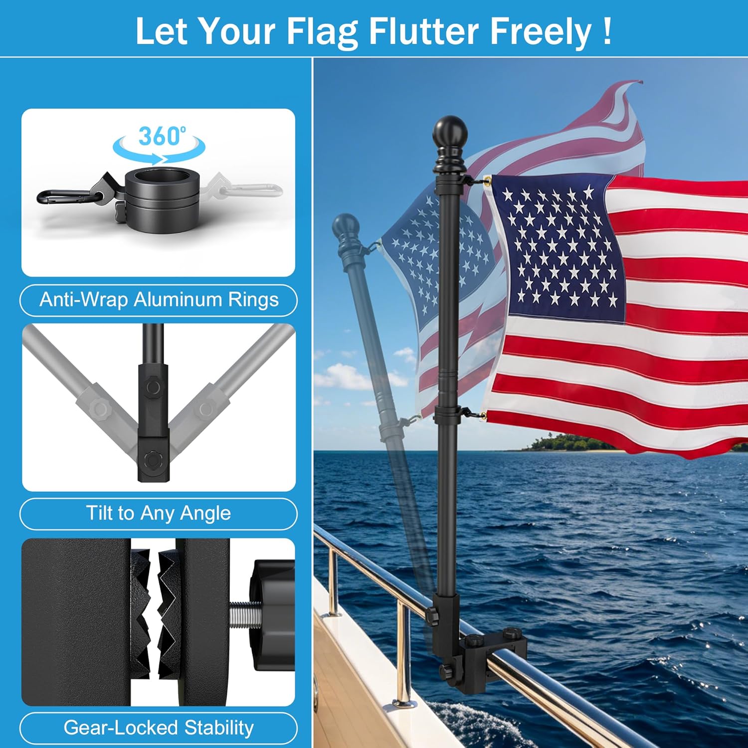 2.5FT Stainless Steel Boat Flag Pole Kit, Heavy Duty Adjustable Aluminum Base, Rust-Resistant & All-Weather, Stable Mount Flagpole for Boat, Truck, RV, Railing,with 12"x18" Embroidered Flags