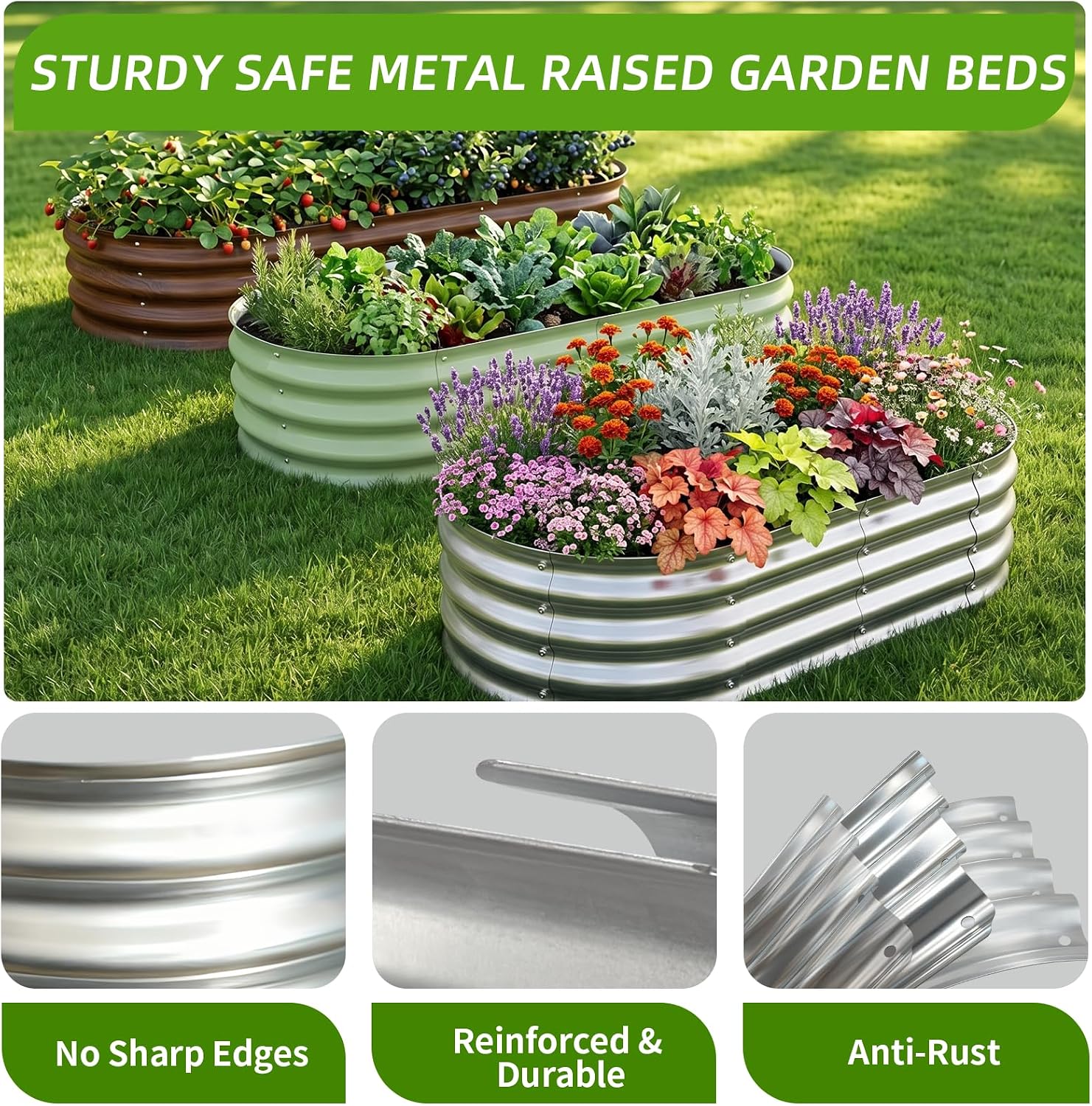Galvanized Oval Raised Garden Bed, 4 x 2 x 1 ft 2-Pack, Metal Planter Box with Open Base. DIY Outdoor Gardening Kit for Backyard & Patio, Ideal for Vegetables, Flowers & Herbs, Silver thumbnail