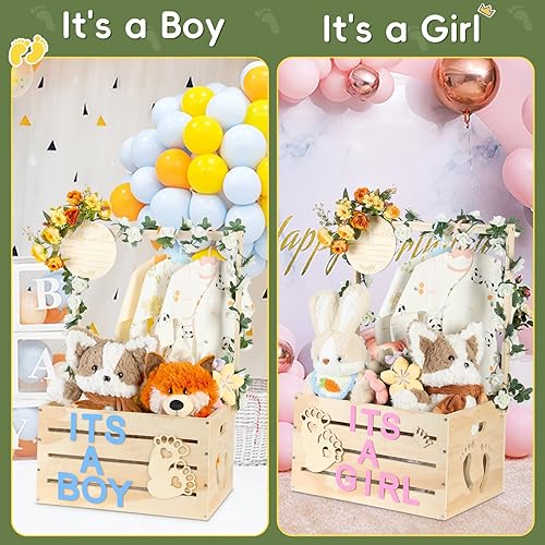 Miniatura 3 de Armario grande de madera para baby shower, cesta personalizable para baby shower con asa y guirnalda, caja de caja para bebé recién nacida para baby