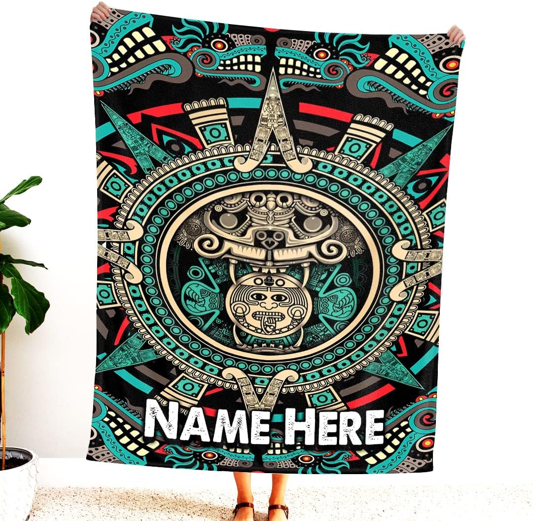 Custom Mexican Queen Size Fuzzy Blanket, Aztec Warrior Blanket, Aztec Throw Blanket