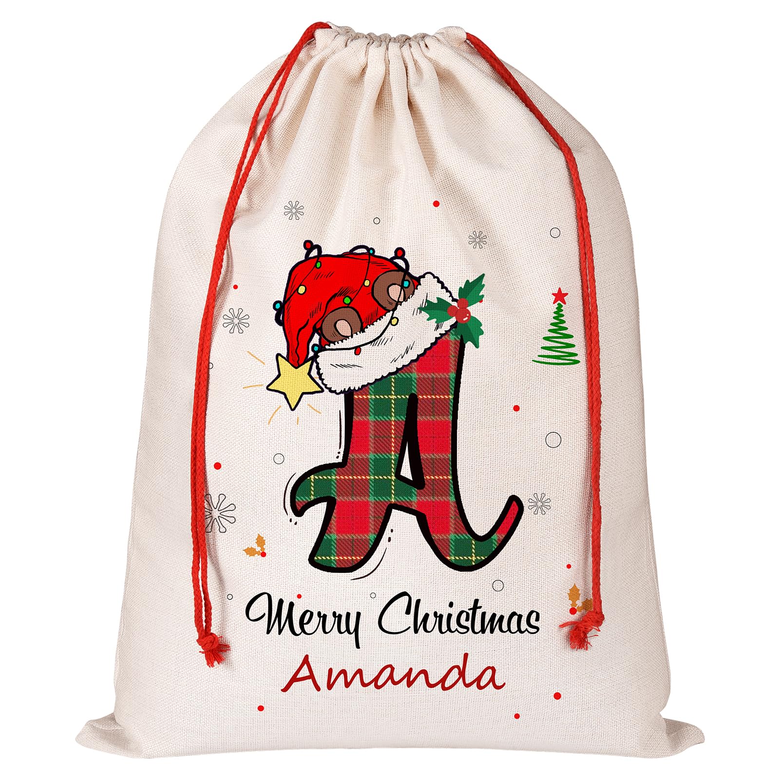 WACAR Personalized Santa Sack with Initial & Name, Custom Monogram Alphabet Sacks with Drawstring, Customized Christmas Wrapping Gift Bags for Holiday