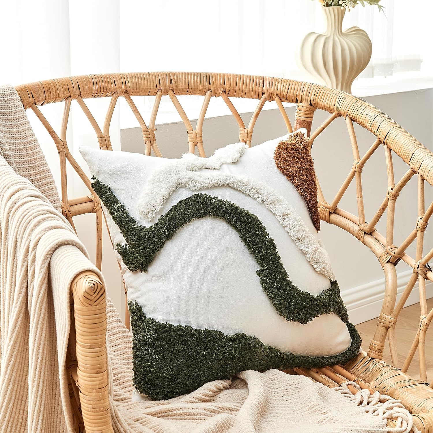 lifein 18x18 Pillow Covers-Throw Pillow Covers Boho Couch Pillows Embroidered Decorative Accent Pillows Mid Century Textured Pillowcases for Couch Sofa Living Room Bed (Olive Green and Cream)