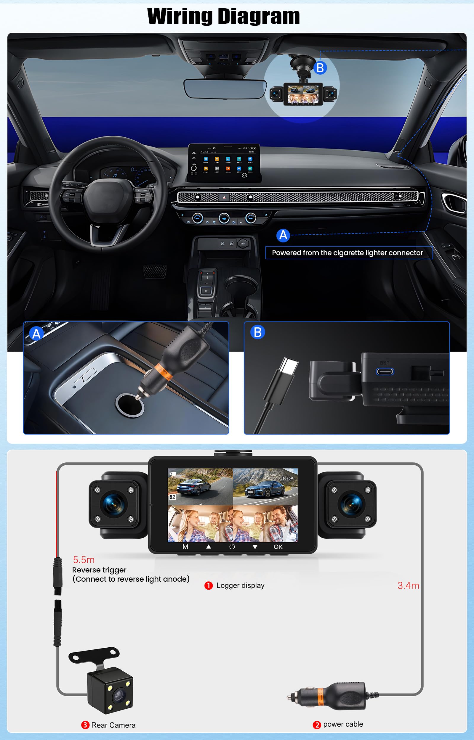 OiLiehu 4 Canales Cámara para Salpicadero 3 Pulgadas para Coches, Resolución 1080P + 480P, Cuatro Lentes con G-Sensor, Visión Nocturna, Grabación en Bucle, Asistencia Aparcamiento, Wi-Fi Aplicación