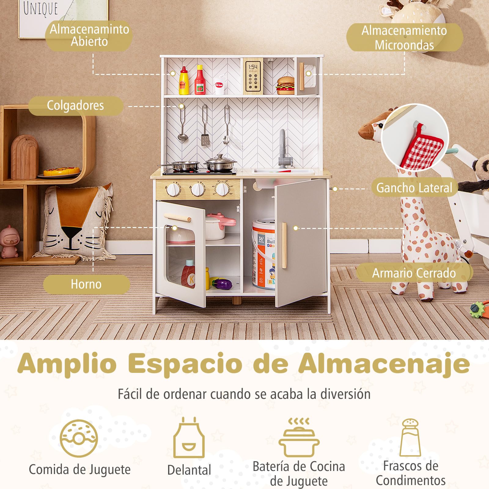 GOPLUS Juego de Cocina para Niños, Set de Cocina de Imitación con Luces y Sonidos, Estufa, Horno, Fregadero, Grifo, Microondas, Utensilios de Cocina, Juguete de Cocina de Madera (Blanco)