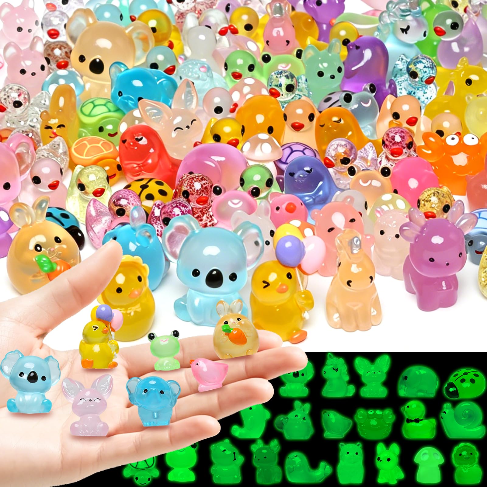 Ballery 150PCS Mini Luminous Resin Animals, 27 Styles Tiny Miniature Animal Figures Bulk, Glow in the Dark Small Resin Animal Figurines for Fairy Garden Micro Landscape Aquarium Dollhouse Decor
