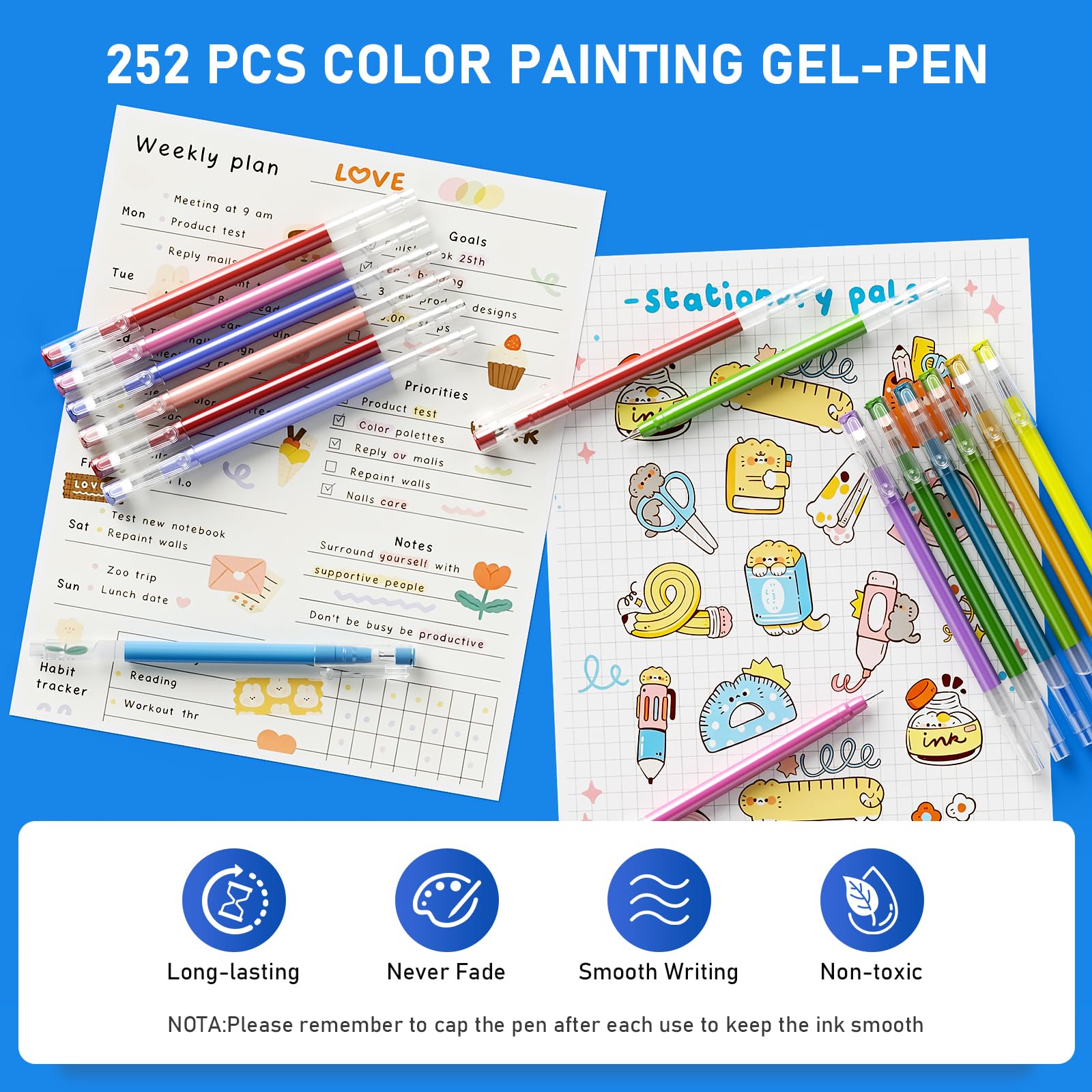 TrendGate 252 Stylos Gel Acrylique, Pointe Fine 0,6 mm Gel Pen | 234 Couleurs (230 + 6 noir/6 Blanc/5 Argent/5 Or), Feutres Gel Coloriage Adulte, Dessin, Écriture, Journaling, Multi-surface