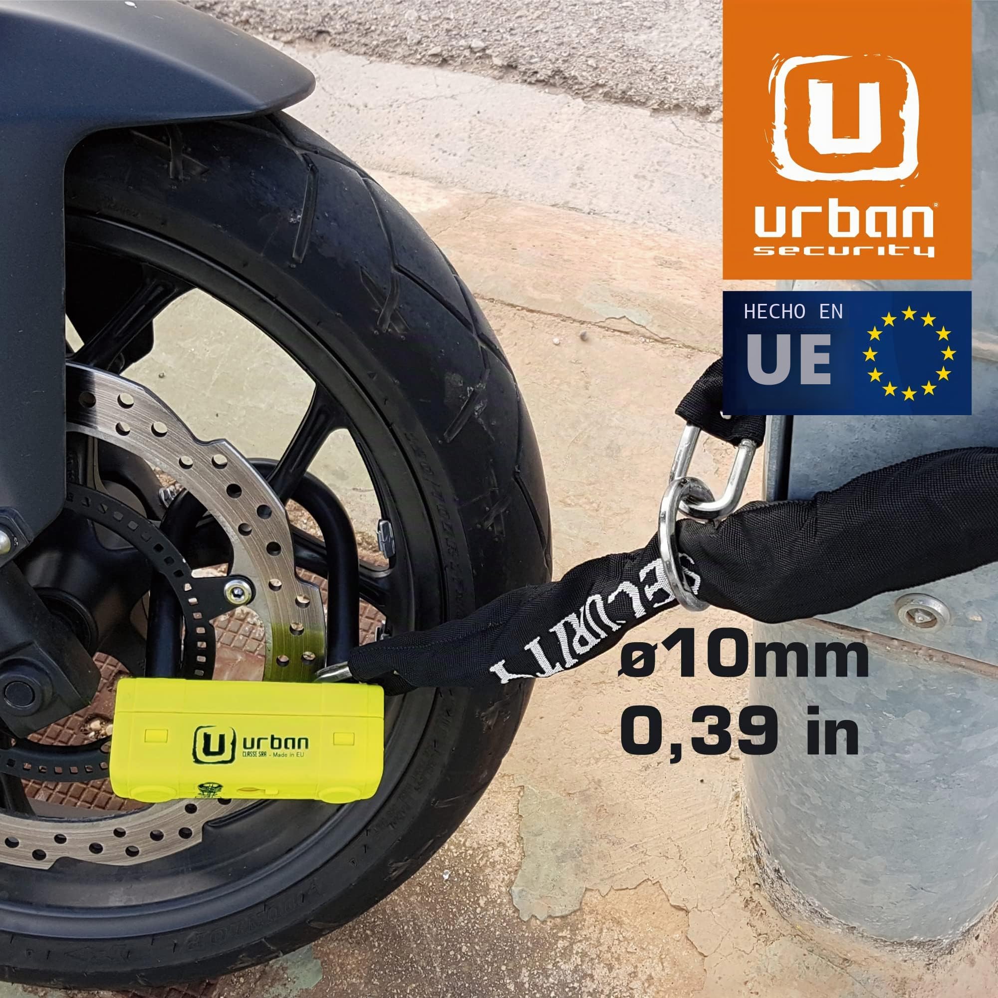 URBAN UR85120Y+10.120L Candado Moto U Homologado SRA + Cadena Acero Endurecido 120cm Más Largo con Sistema Lazo, Horquilla Acero Endurecido ø18mm, Máxima Seguridad Antirrobo Universal para Motocicleta