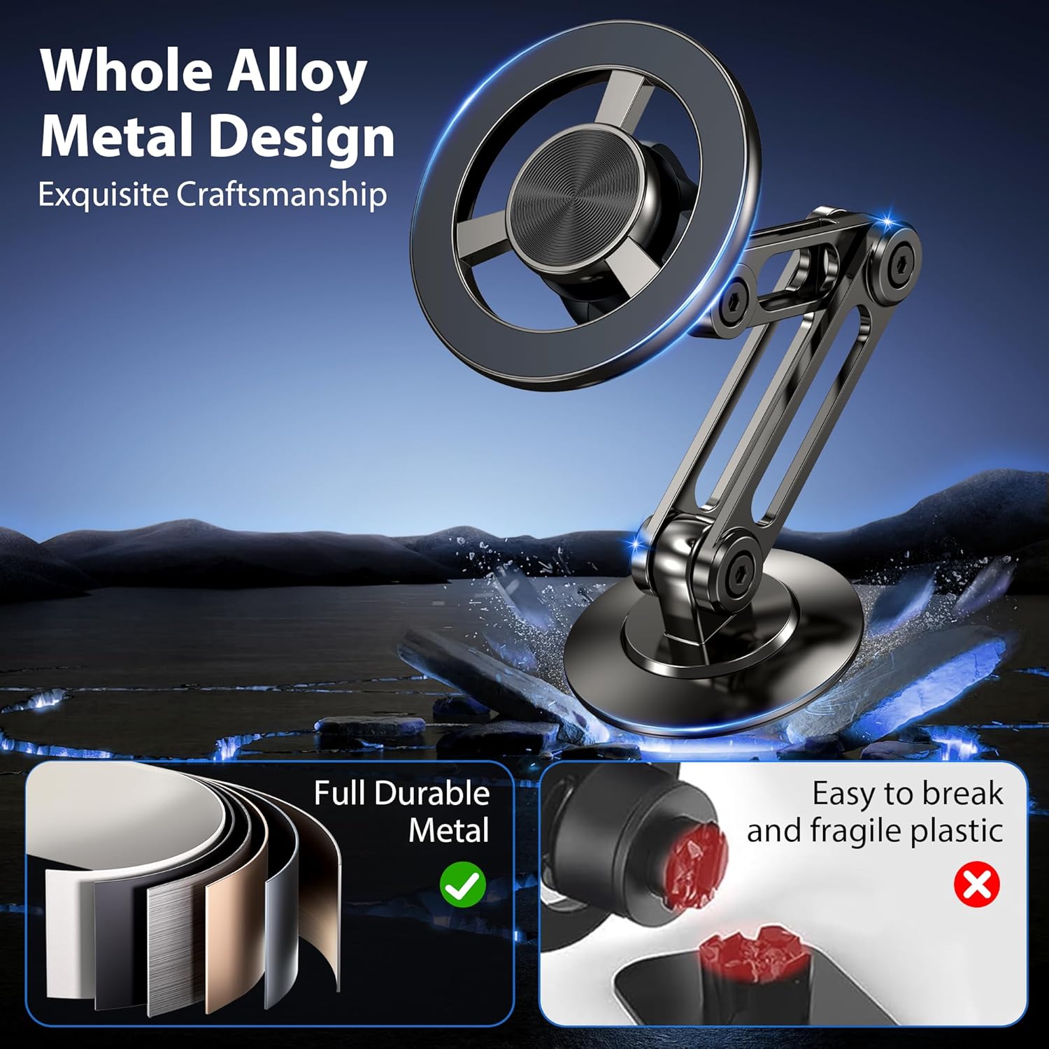 Ultra Magnetic Long-Arm Phone Holder Stand, Fits for MagSafe Car Mount Bracket【Windshield+Vent+Dash】, 360° Rotation Adjustable Strong Magnets Car Mount Desk Office Phone Cradle Holder, Black