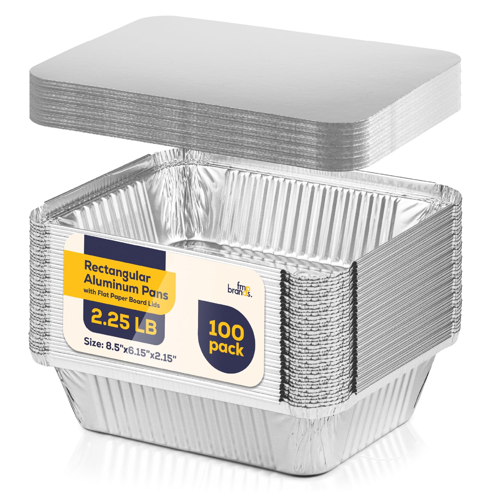 Fit Meal Prep Rectangular Vajilla de Aluminio Pan saca los envases de alimentos con tapas de cartón plano, mesa de vapor para hornear sartenes, 32 oz, 2.25 Lb, Quart 100 Paquete Plata