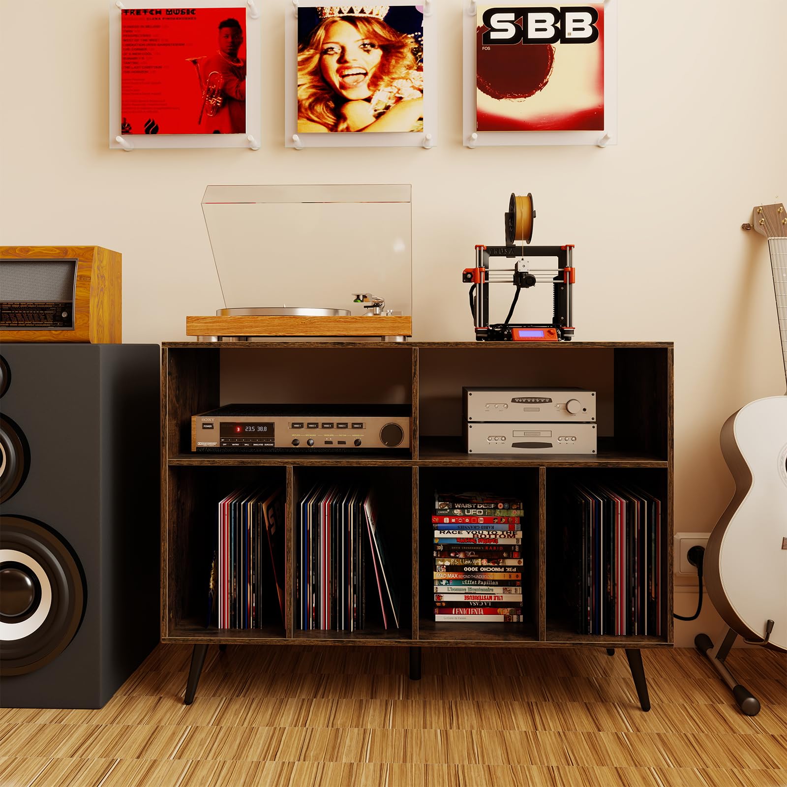 GIANTEX Supporto per Giradischi in Vinile con Stazione di Ricarica, Ampio Piano di Lavoro e 6 Scomparti Porta Dischi, Dotato di Kit Antiribaltamento e Piedini Antiscivolo, Soggiorno e Camera da Letto