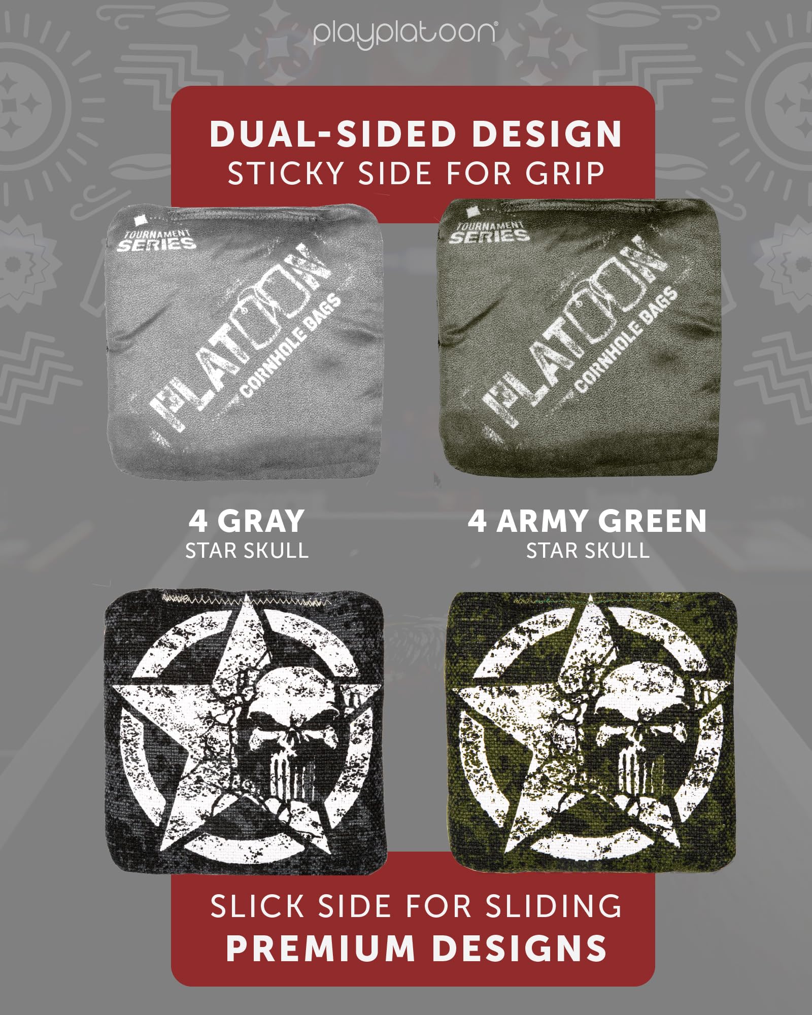 Play Platoon Turnier-Serie Cornhole Bags Set mit 8 Verordnungen – Pro Style doppelseitige glatte und klebrige Seitentaschen, Serie 2024