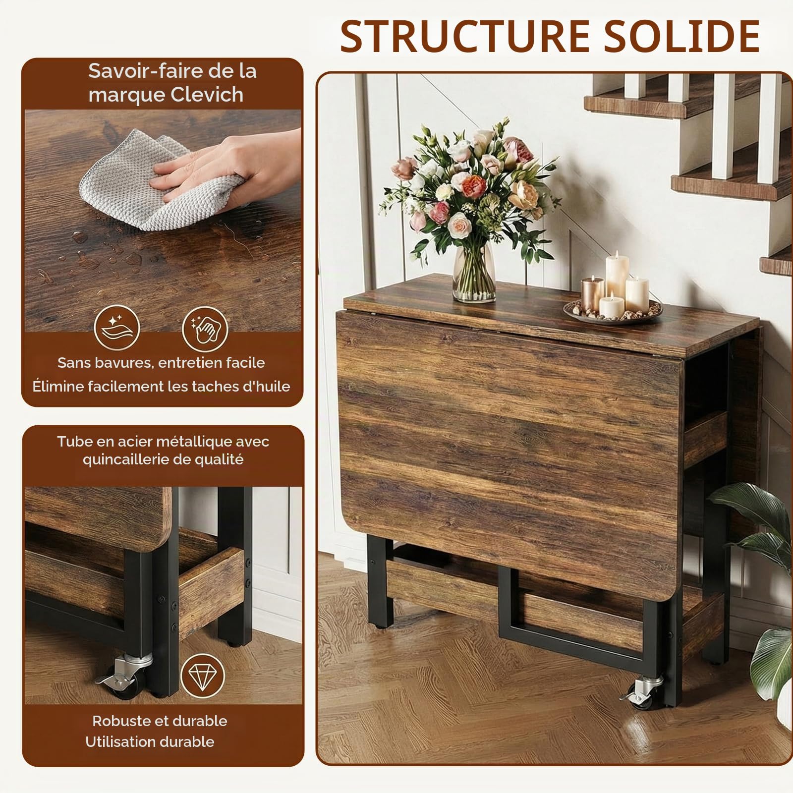 Clevich Table de Salle à Manger Pliante Mobile avec 2 étagères, pour 4 à 6 Personnes, idéale pour Les Petits espaces, Espace fermé : Seulement 0,218 m³, pour la Cuisine et la Maison, 133 x 80 x 75 cm