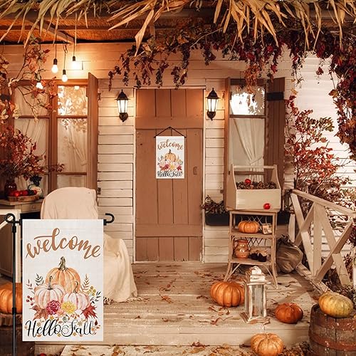 Miniatura 5 de Bandera de jardín de bienvenida con texto en inglés Hello Fall de arpillera de doble cara de 12 x 18 pulgadas para Acción de Gracias, calabaza,
