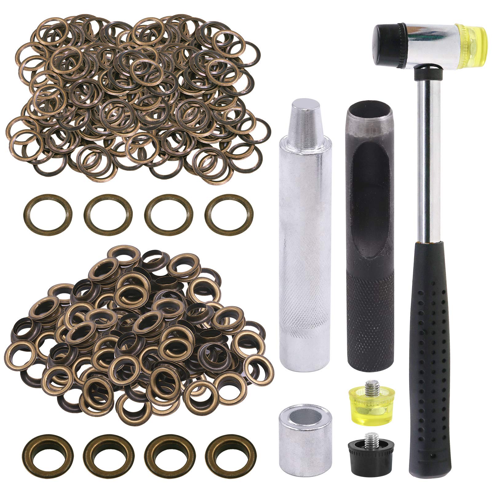 Glarks 124Pcs 1/2 Inch Bronze Grommets Eyelets with Tool Sets, 120Pcs Grommets Eyelets with 4Pcs Installation Tools for Fabric, Canvas, Curtain, Clothing, Leather Repair and Decoration