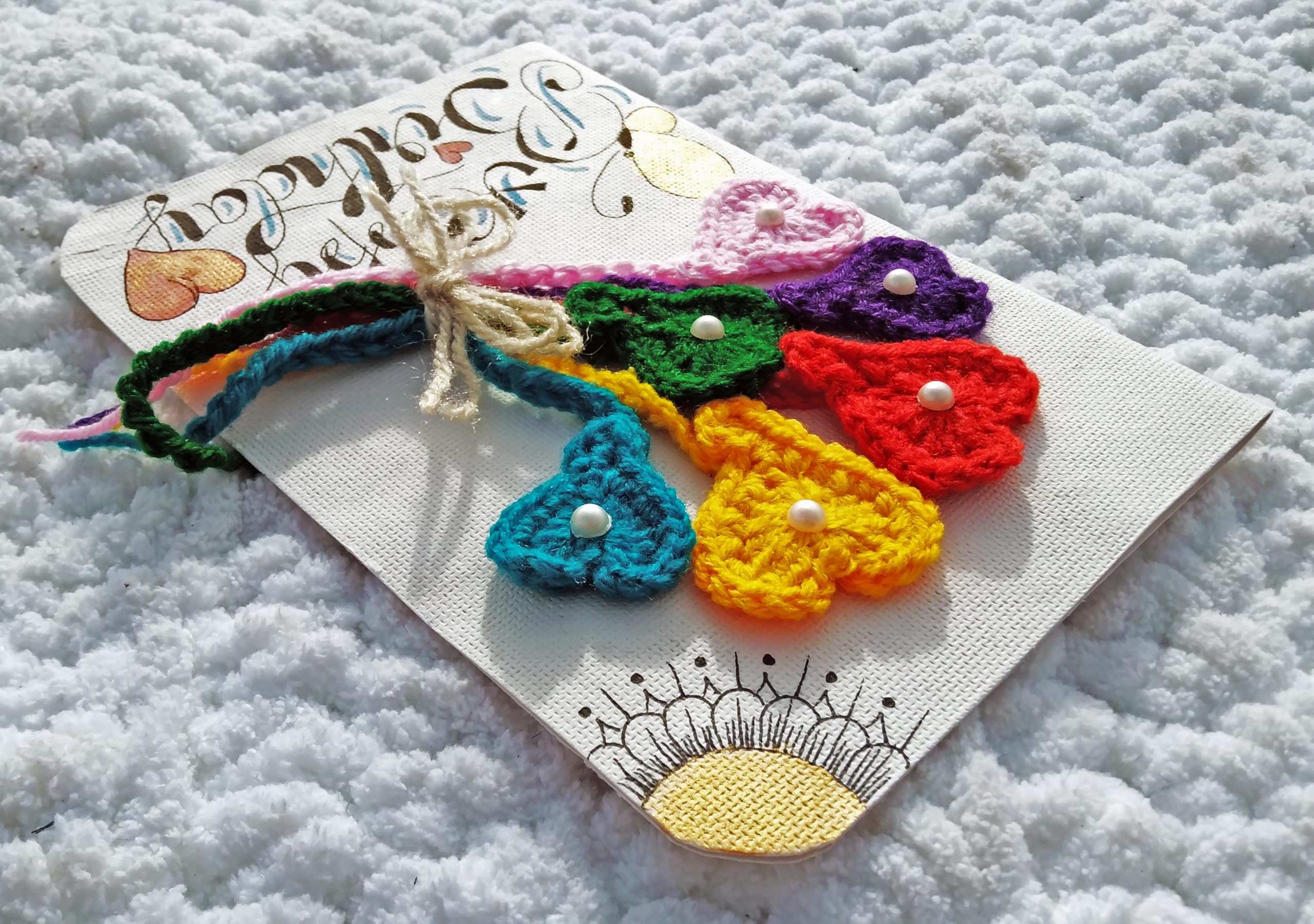 SKAISTA® Handwritten Happy Birthday Greeting Card Handmade Paper 3D Crocheted Colorful Hearts Baloons HandLettered (Hearts Bouquet) 3