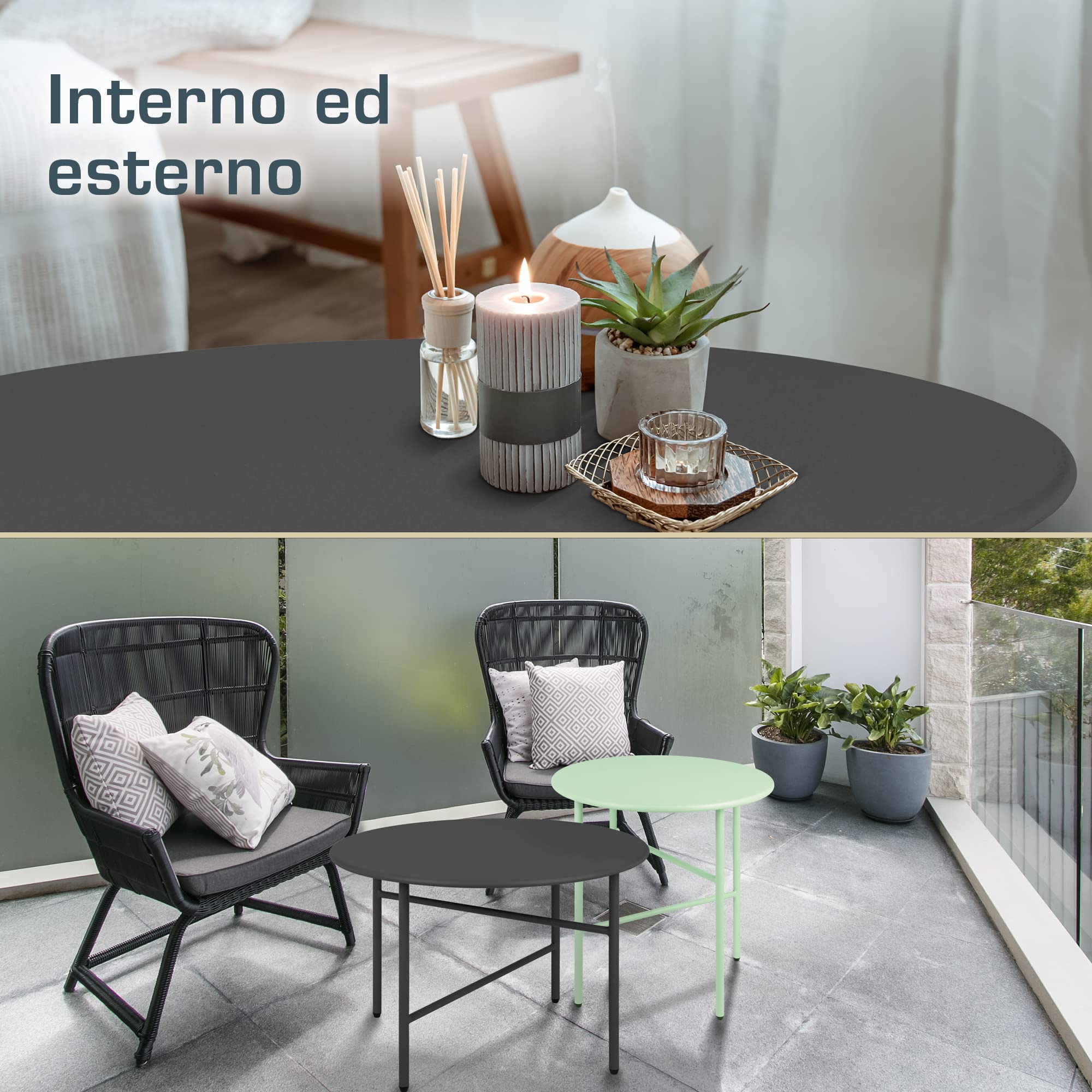 bomoe Set di 2 Tavolino rotondo in metallo nero resistente ai graffi - Altezza e diametro inferiori - Tavoli da salotto stabili Tavolo da giardino per interni e per esterni - Finn