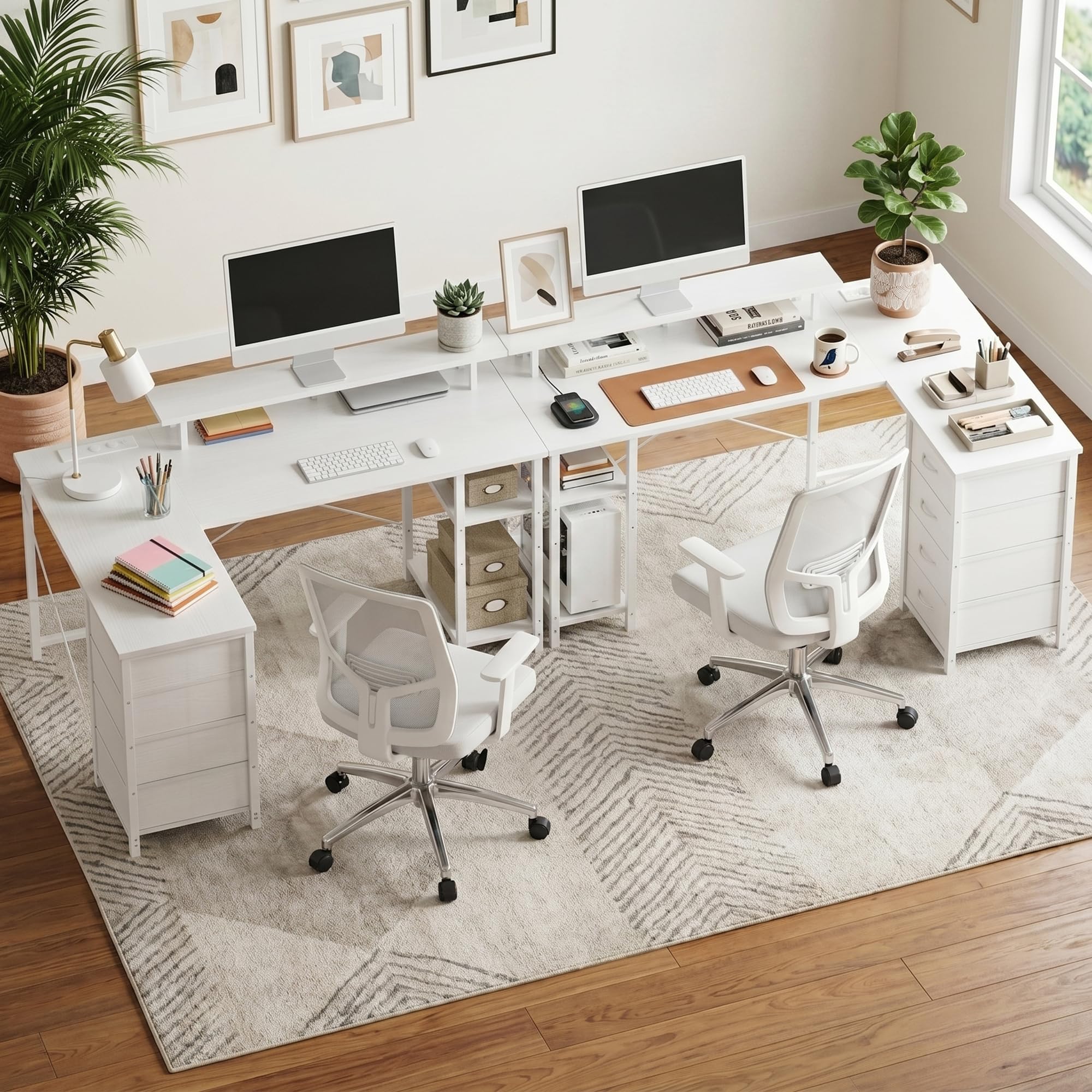 YOUDENOVA Scrivania con 4 Cassetti, 142x107 cm, Scrivania Angolare Reversibile con LED e Presa, Scrivania Gaming a L con Supporto per Monitor, Spazio di Archiviazione, per Home Office e Gamer, Bianco