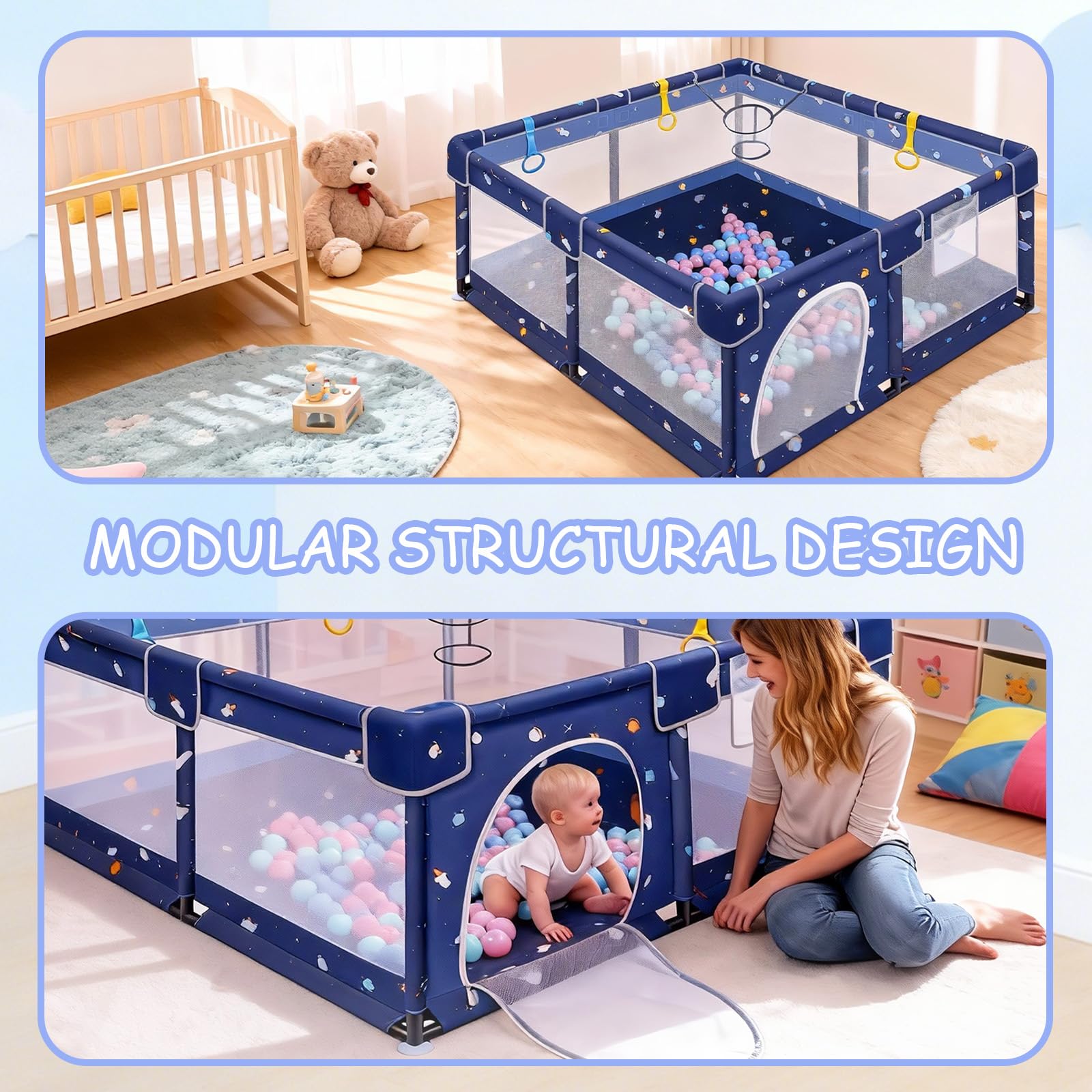 Verdego Laufstall Baby 130 x 130 x 66 cm, Laufgitter Baby, Laufstall Faltbar mit Zugringen, Bällen, 210D Oxford, Atmungsaktivem Netz, Sicherheitsspielplatz Schutzgitter für Kinder (Tiefblau)