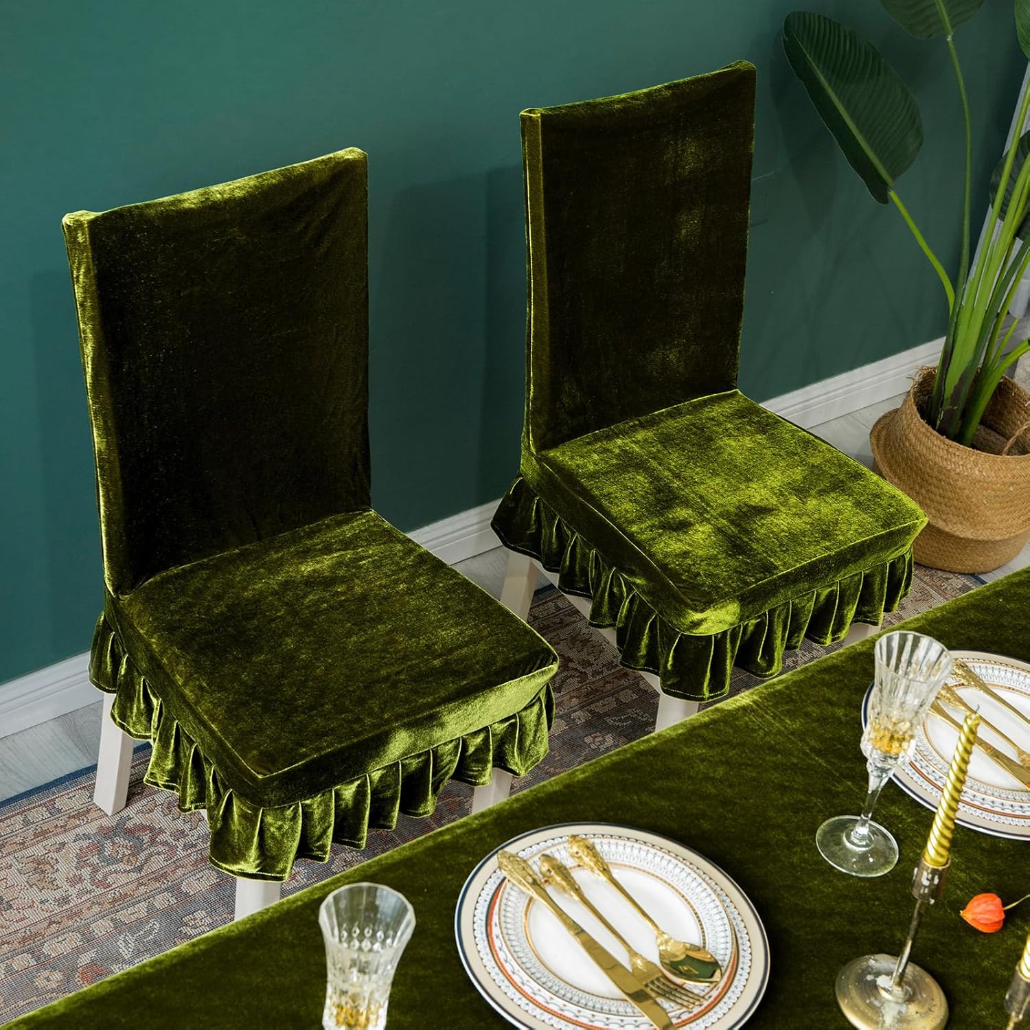 Velvet Chair Covers Set of 2 Retro Ruffle Flounces Trim Soft Decorative Luxurious Solid Olive Green Farmhouse Vintage Washable Soft Stretch Dining Seat Slipcover Removable Parsons Chair Protector