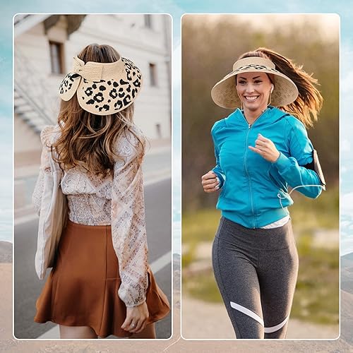 Miniatura 3 de Sombrero de paja con protección UV, visera de playa, sombrero de ala ancha, estampado de leopardo, enrollable, plegable para mujer