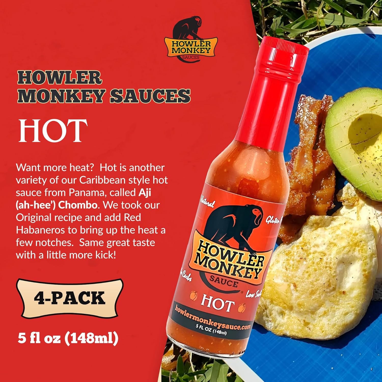 Howler Monkey Sauce Hot - Panamanian Hot Sauce with Aji Chombo Pepper - Gluten-Free, No Carbs, Low Sodium - Caribbean Flavor - 5 oz (4-Pack)