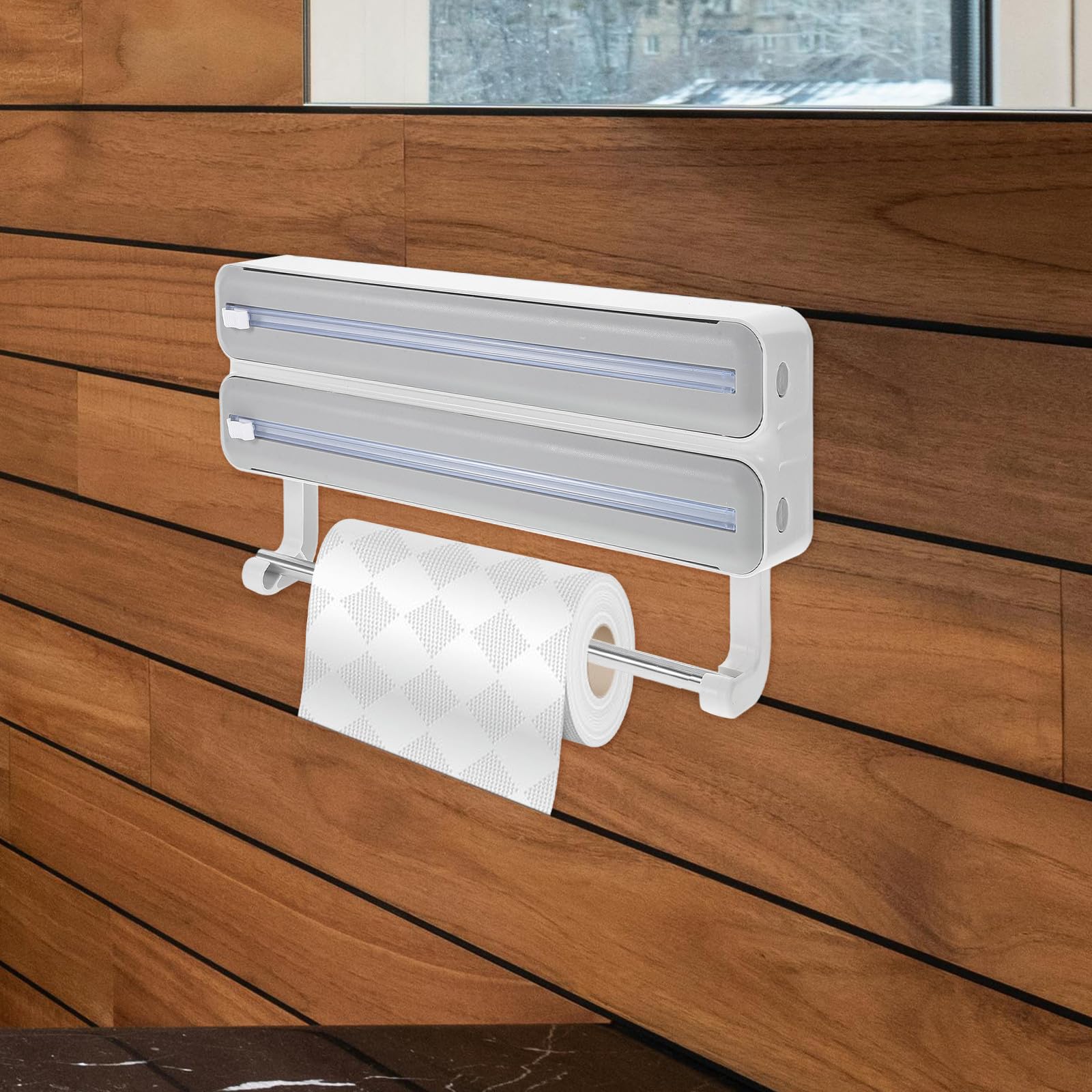 ifundom Distributeur Automatique de Film Alimentaire Double Couche en Abs Coupe-Film Intégré, Support Mural Élégant pour Organiser Cuisine à Domicile