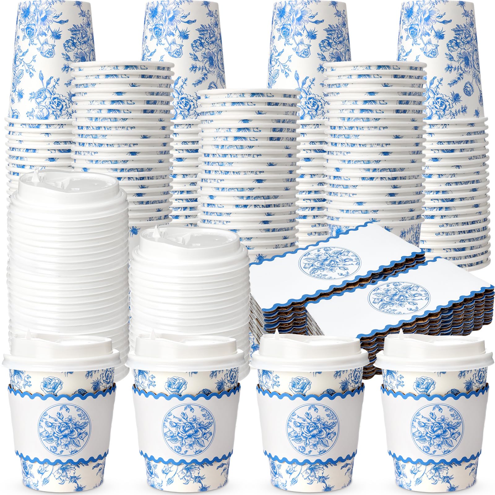 48 Sets Blue Floral Paper Coffee Cups with Lids and Sleeves 8oz Vintage Flower Disposable Drinking Cups Bulk for Birthday Wedding Bridal Shower Tea Party Supplies