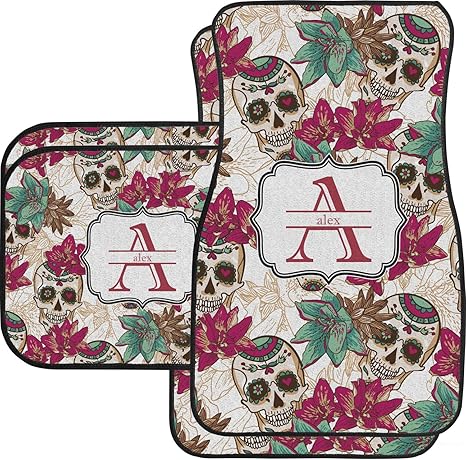 RNK Shops Personalized Sugar Skulls & Flowers Car Floor Mats Set - 2 Front & 2 Back