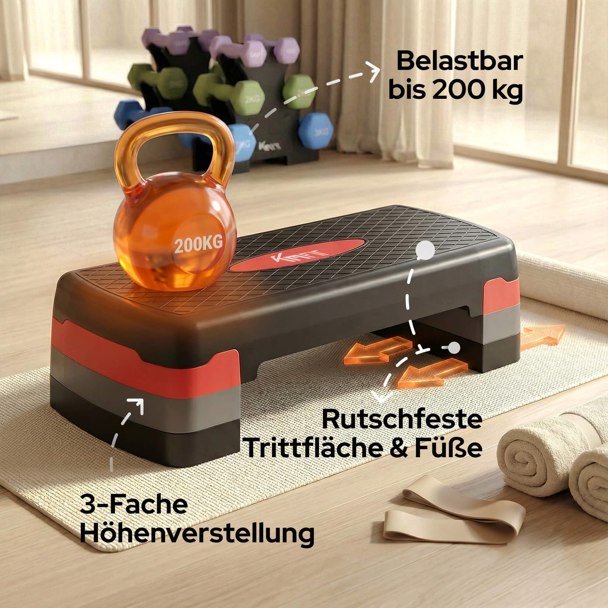 KM-Fit Fitness Stepper | Steppbrett Aerobic Stepper für zuhause | Step-Bench 3-fach höhenverstellbar | Belastbarkeit bis 200 kg | Gymnastik Home-Stepper mit Anti-Rutsch-Matte | Aerobic Steppbank