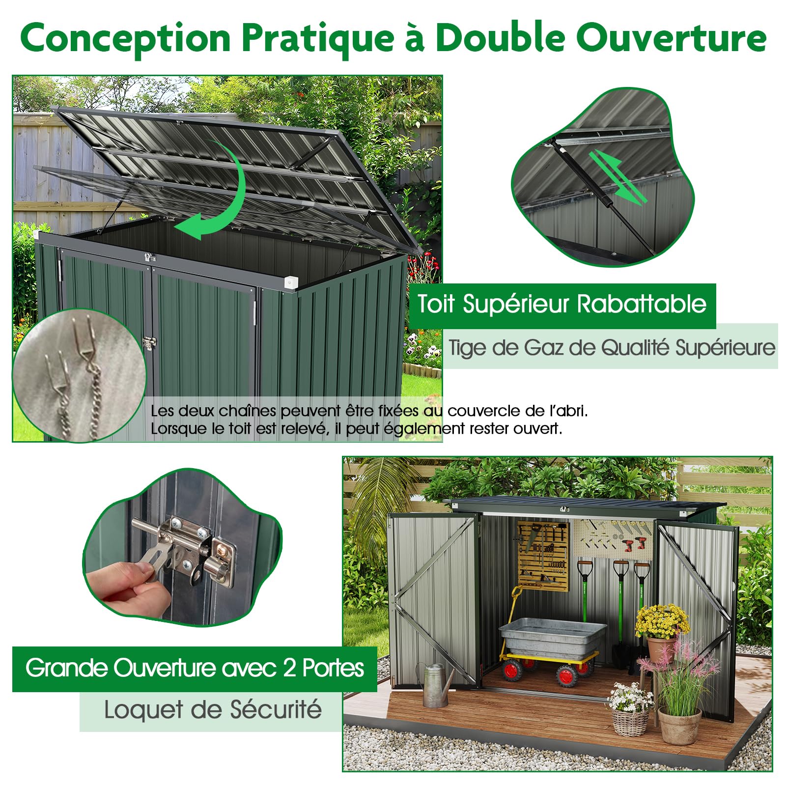 RELAX4LIFE Abri de Jardin Métal Extérieur avec 2 Grandes Portes et Couvercle Relevable à 40°, Remise de Stockage à Outils en Acier Galvanisé pour Poubelles Vélos Outils 172X100X129 CM (Vert)