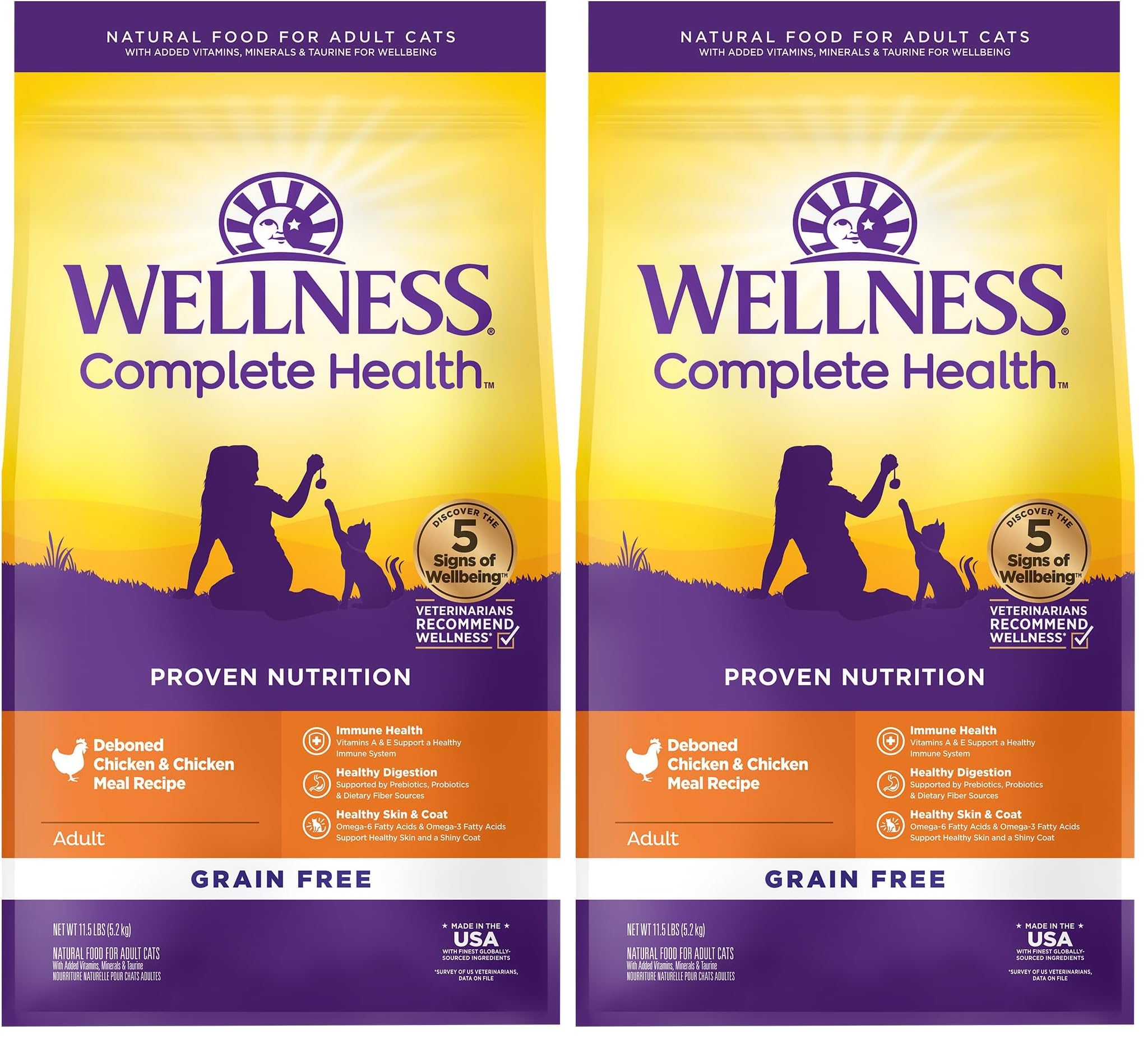 Wellness Natural Pet Food Complete Health Natural Grain Free Deboned Chicken &amp; Chicken Meal Dry Cat Food, 11.5 Pound Bag (Pack of 2)