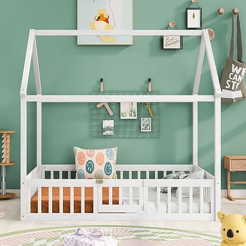 KLMM Cama de madera de tamaño matrimonial con valla y puerta, marco de cama de madera para niños o niñas, se puede decorar (valla blanca + puerta) disponible en Yaxa Mexico