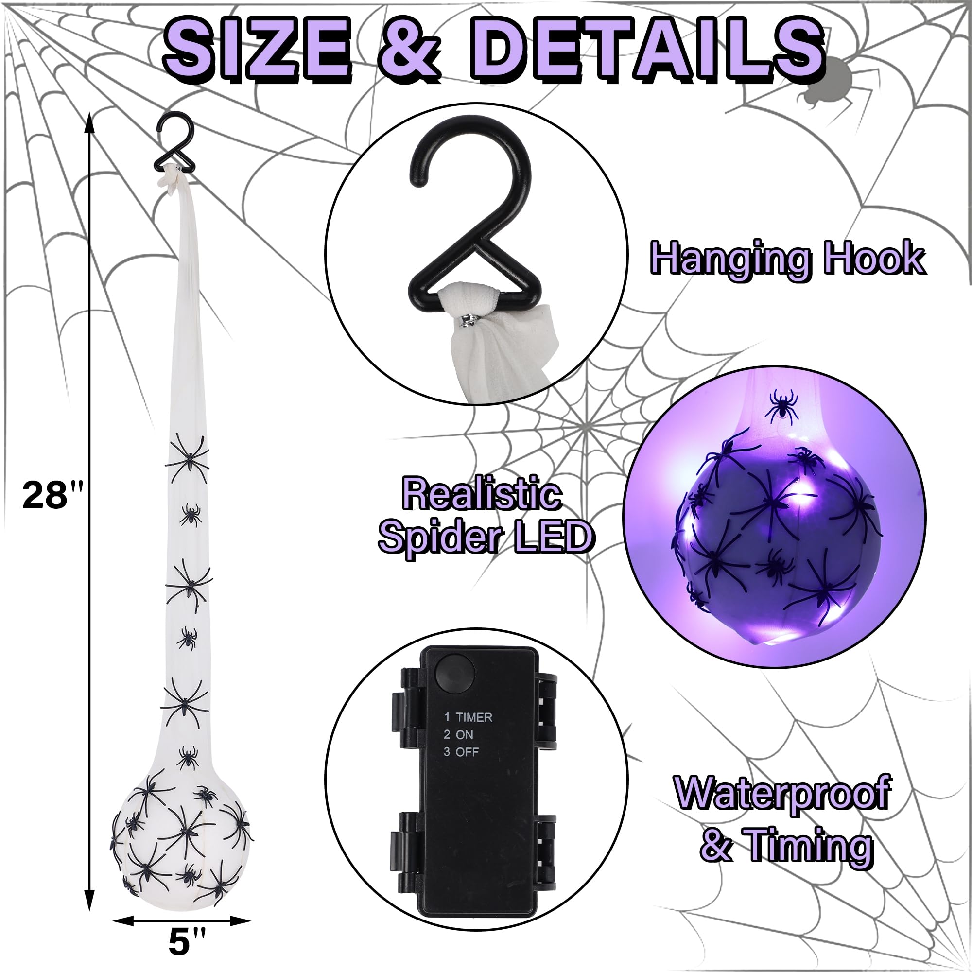 DR.DUDU 3 Pack Hanging Halloween Decorations Outdoor Giant Spider Egg 5