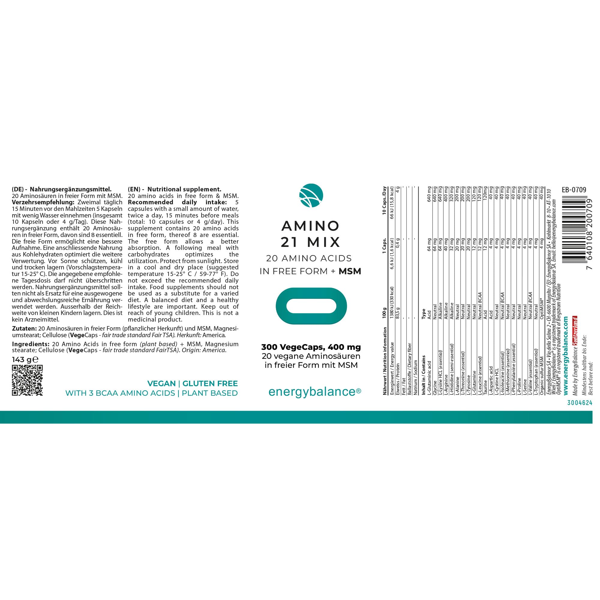 Amino21mix wolna forma 400 mg - 20 aminokwasy - jeden s. Wszystkie 8 niezbędnych aminokwasy - wegańskie - HACCP - naturalny - bez glutenu - bez GMO - 300 VegeCaps