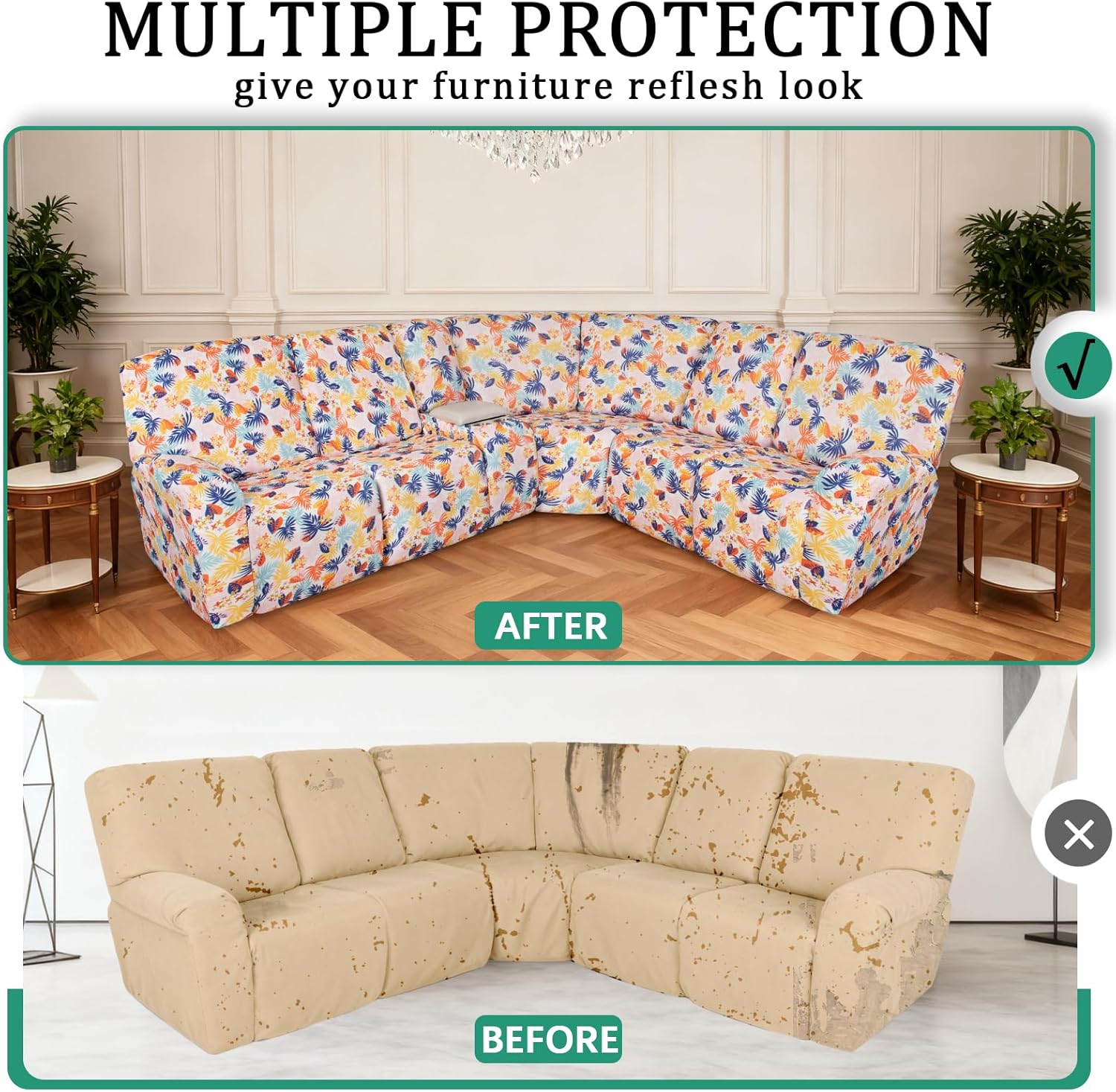 ALIECOM 100% Waterproof Sectional Recliner Couch Covers L Shape Printed Stretch Corner Reclining Sectional Sofa Cover Washable Pet Dog Recliner Slipcovers (Tropical Leaf, 5 Seat and 1 Console)