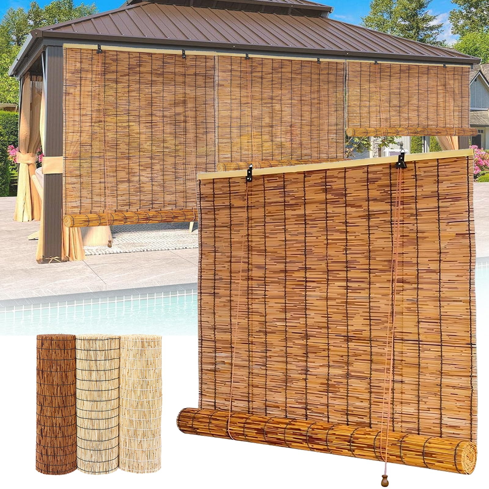 XIBANY Outdoor Roller Reed Blinds Porch Bamboo Shades 55 65 70 90 100 120 140 150 160 170 180 200cm Customisable Light Filtering Sun Protection Window Curtains For Kitchen Patio Garden Indoor Outdoor