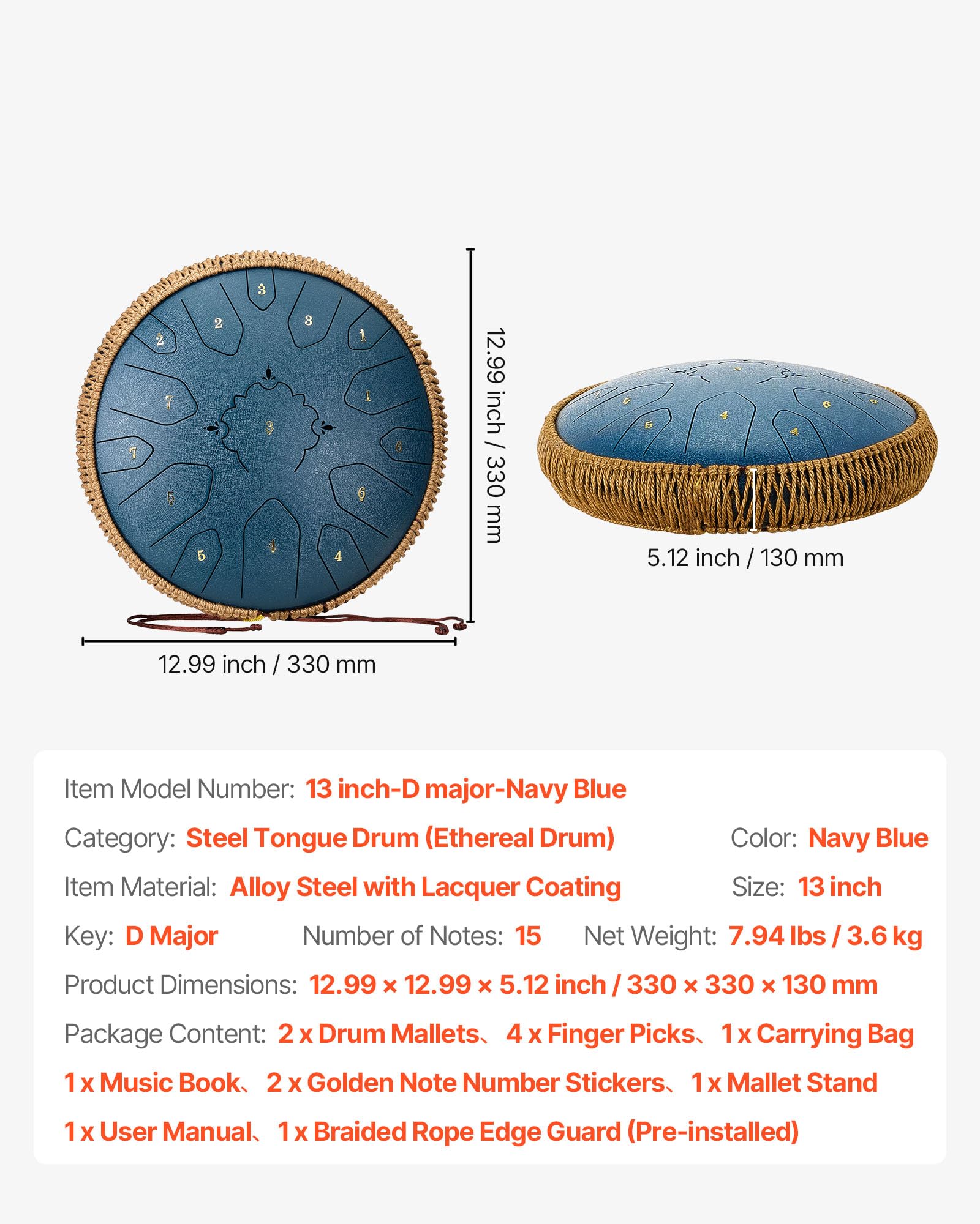 VEVOR Tamburo a Lingua d'Acciaio, Tamburo a Pioggia da 330 mm e 15 Note per Giardino Esterno, Tamburi Musicali in Do Maggiore con Libro di Musica e Bacchette, Strumento a Percussione, Blu Navy