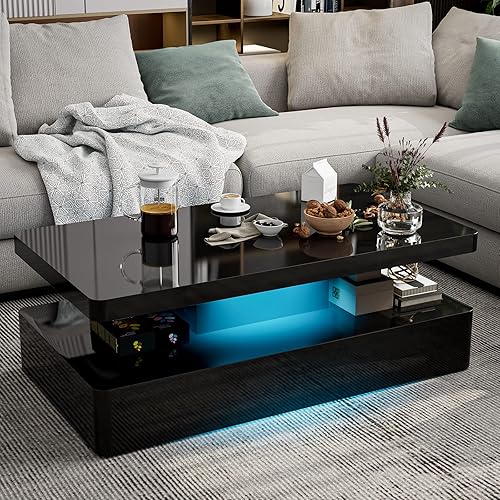 Miniatura 9 de Mesa de centro LED moderna, mesa de centro negra de alto brillo con luces LED de 16 colores, rectangular, 43.3 x 23.6 x 15.4 pulgadas