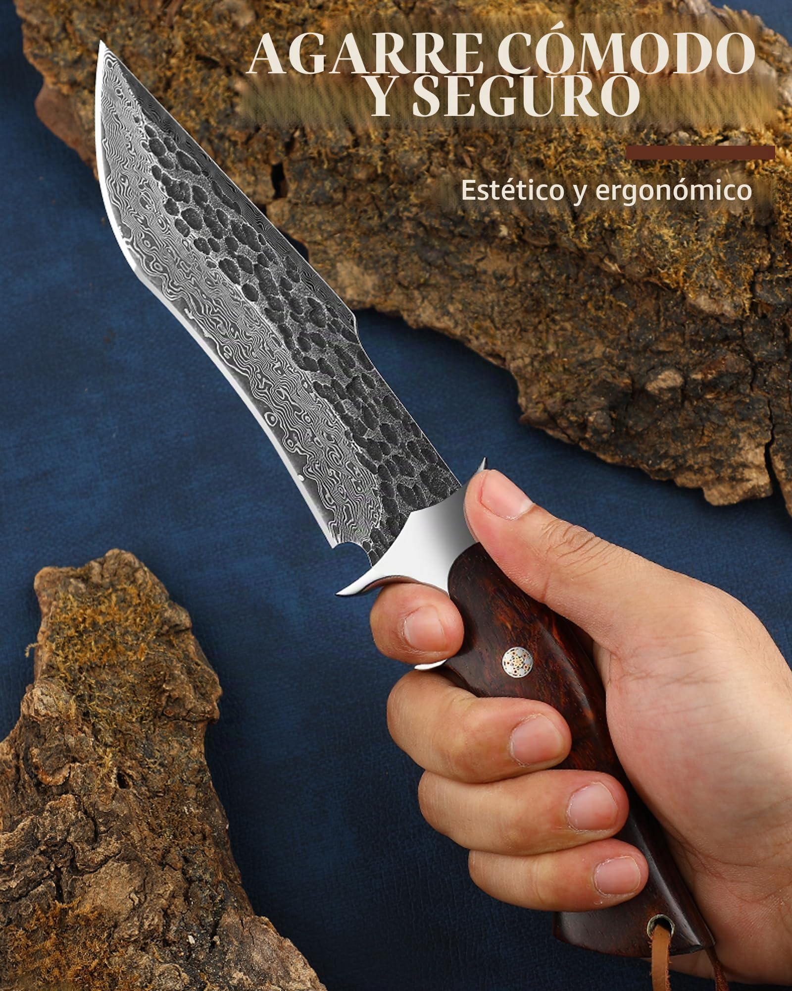 Omesio Cuchillo Damasco Forjado a Mano con Funda de Cuero Mango de Madera | Diseño de estilo japonés, ideal para camping, senderismo y actividades al aire libre.