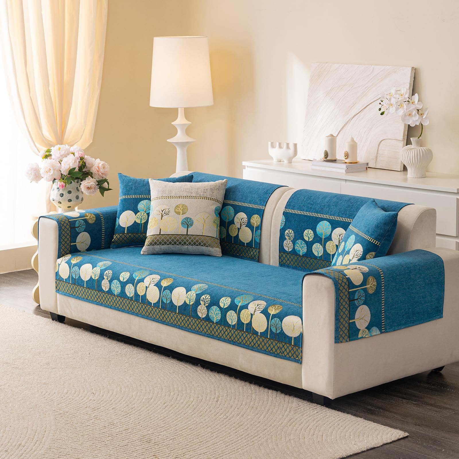 Chenille Boho Jacquard Couch Cover, Washable Sectional Sofa Covers for 3 Cushion Couch Sofa L Sharped Sofa, Non Slip Furniture Protector Slipcover (1 PCS 36"x63" Blue)