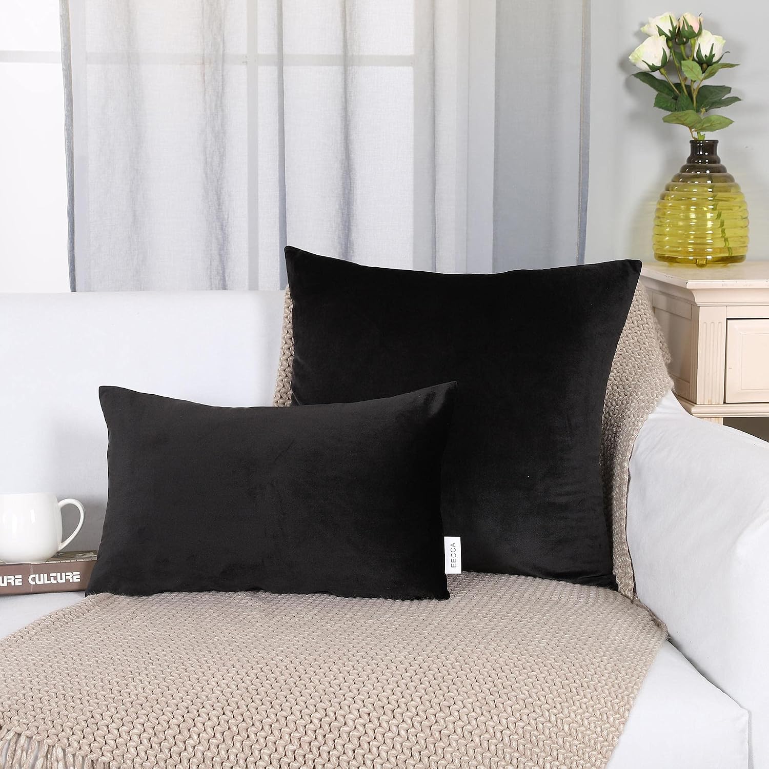 EECCA Set of 2 Super Soft Decorative Velvet Cushion Case Luxury Modern Square Throw Pillow Cover Decorative Pillow for Bedroom Living Room Cushion Cases Bed Sofa,Black,26x26 Inches