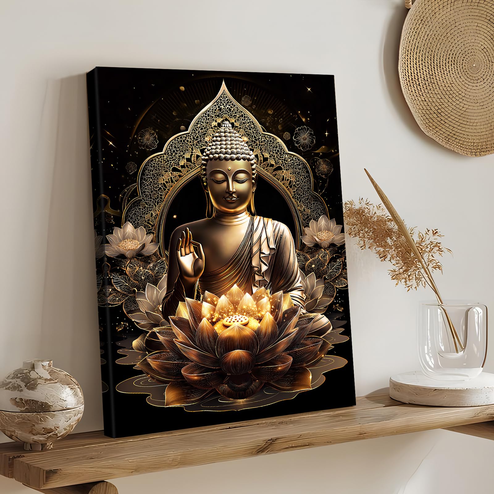 Wooden Framed Canvas Wall Art Bronze Buddha Statue Lotus Flowers Painting on Canvas Prints Poster Zen Spa Buddhism Prayer Pictures for Living Room Bedroom Home Hallway Corridor Wall Decor 30x40cm - Image 3