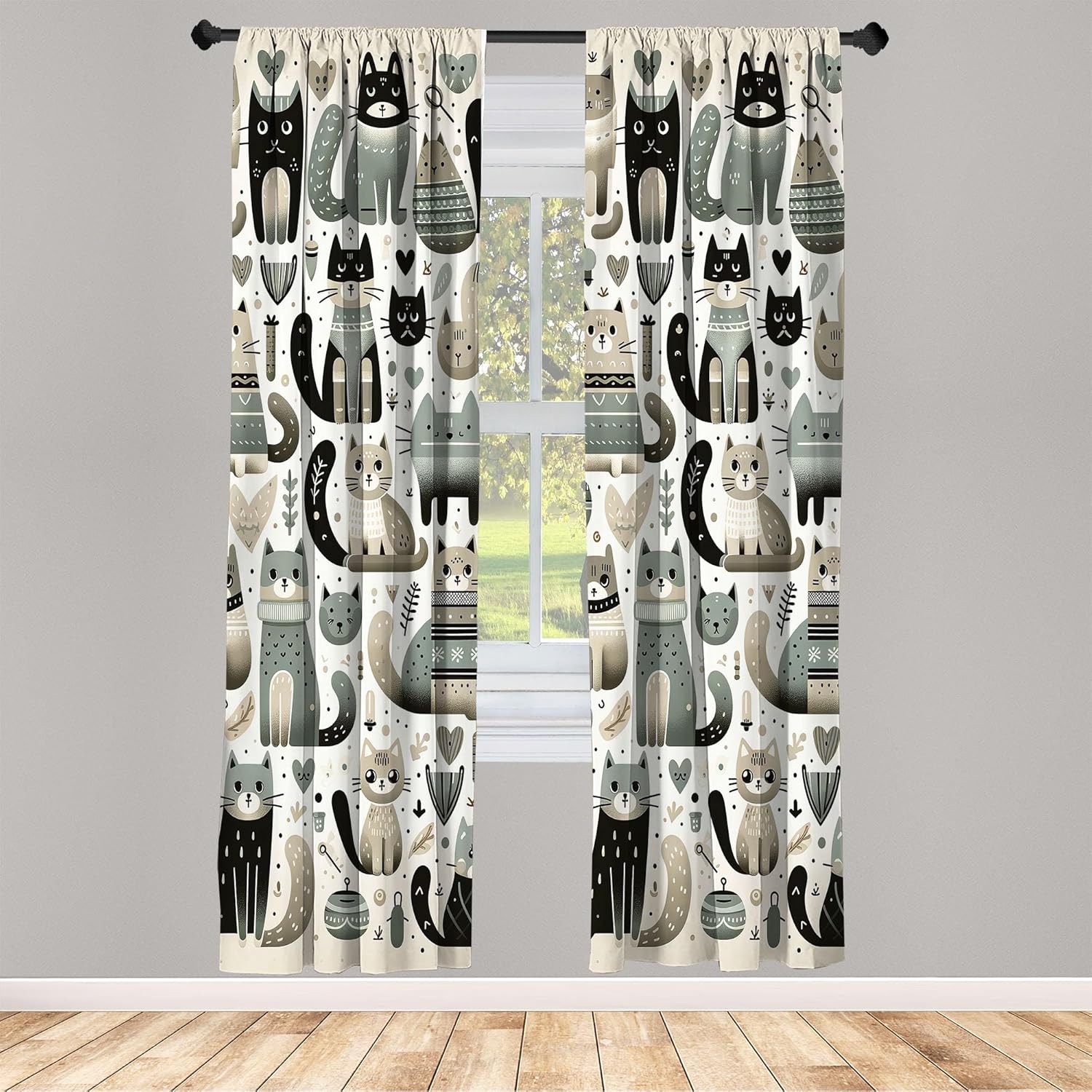 Ambesonne Cats Window Curtains, Modern Scandinavian Inspired Innocent Kitten Pattern with Leafy Details, Lightweight Decor 2-Panel Set with Rod Pocket, Pair of - 28" x 63", Pale Teal Pale Khaki Grey