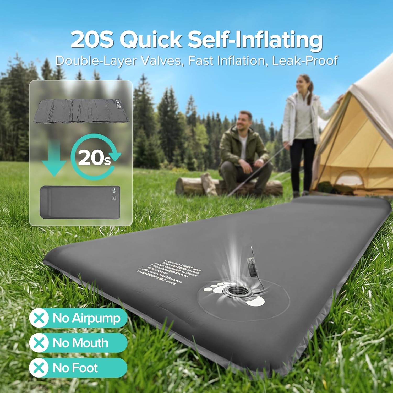 Self-Inflating Sleeping Pad for Camping, 3.1" Ultra-Thick Outdoor Camping Mat with Pillow & 9.5 R-Value, Insulated All-Season Foam Camping Mattress for Camping Travel Tent Car