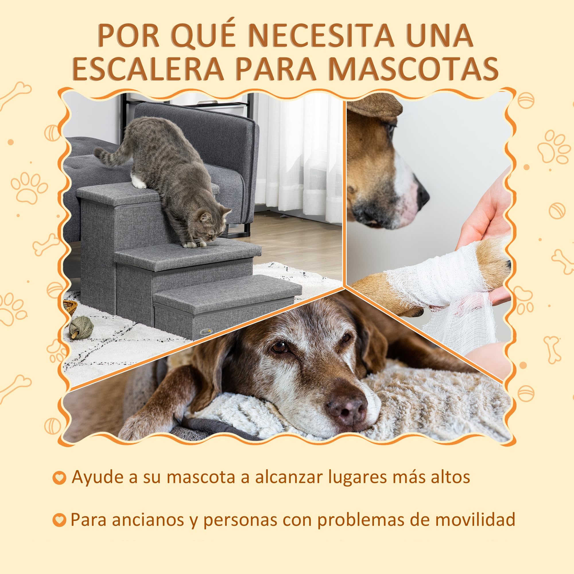 PawHut Escalera para Mascotas para Perros Gatos 63,5x42,5x40,5 cm Gris | 3 Peldaños, Escalones, con Tapas Abribles, Espacio de Almacenamiento